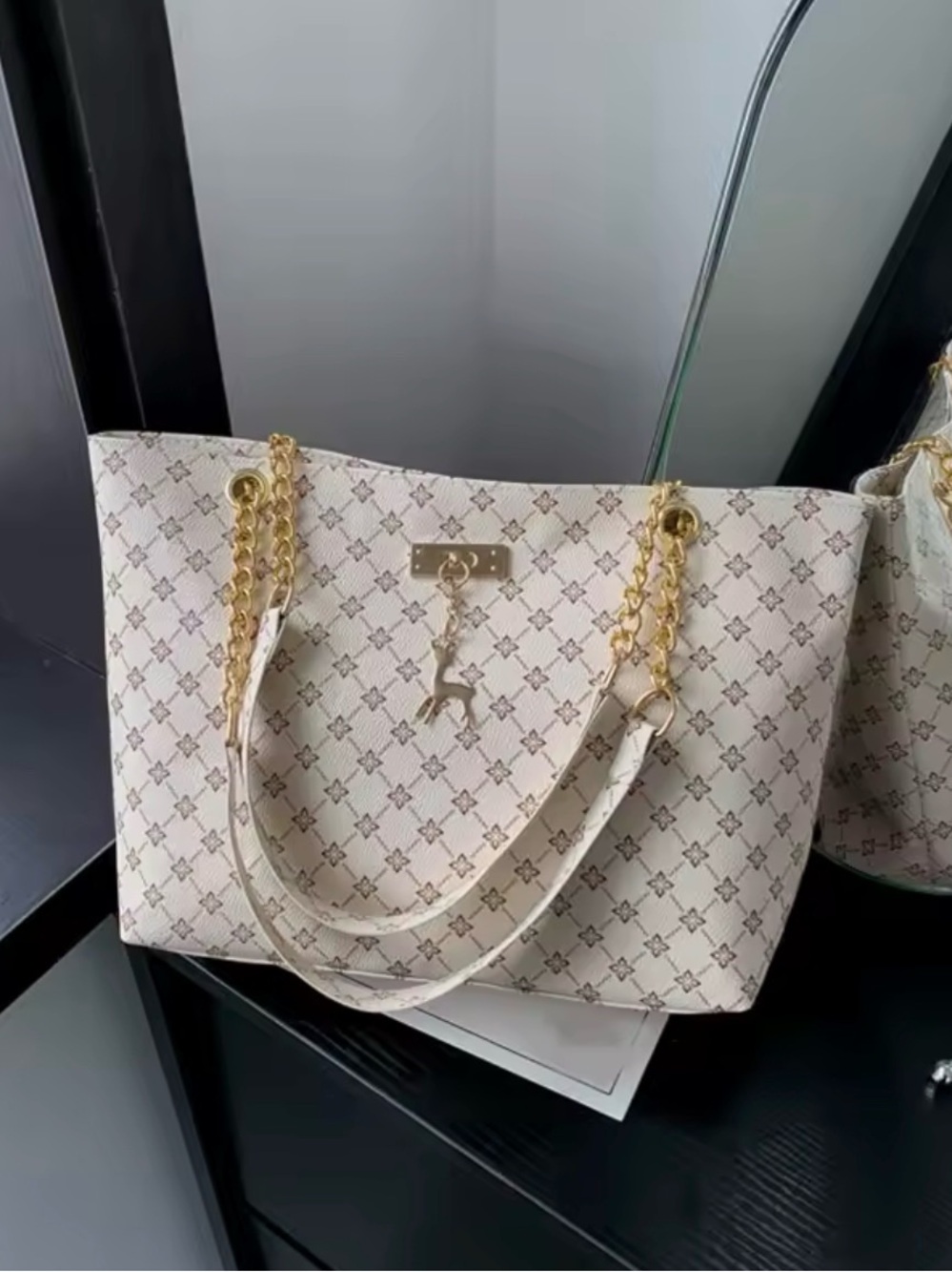 Cream Patterned Tote with Gold Chain Handles